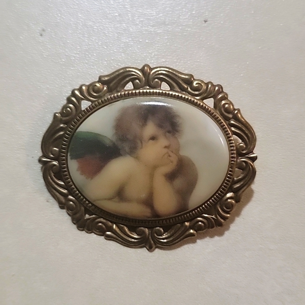 🏷️VINTAGE antique gold plated cherub BROOCH